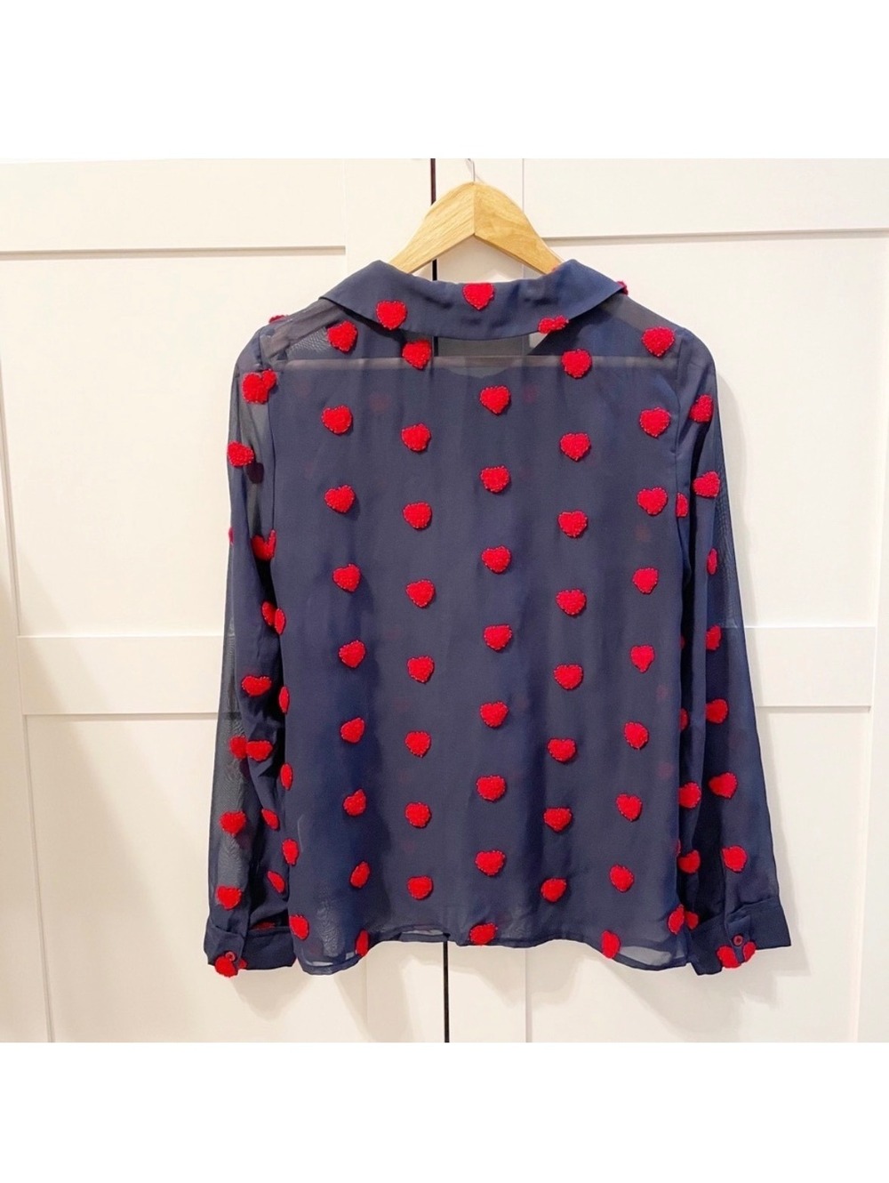 ModCloth Navy Blue Sheer Blouse with Red Heart Embroidery, Size L - Picture 3 of 4